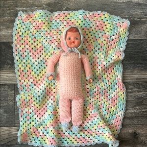 Vintage Crochet Doll with Pastel Patch Blanket Lovey